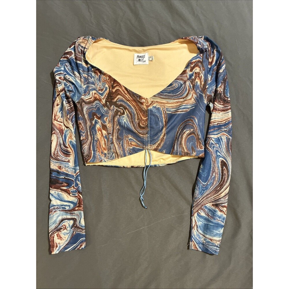 Princess Polly Sheer Marble Print Mesh Long Sleeve Crop Top, Size 10 Blue Bronze